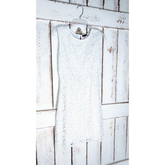 Vintage 90s white / ivory lace sleeveless knee length stretch evening dress - Picture 3 of 4